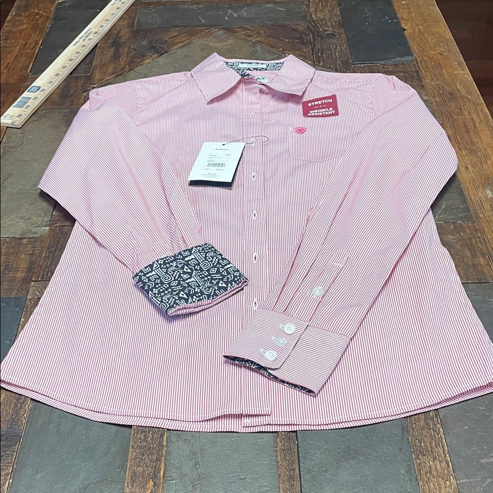 Ariat Red and White Striped Button-Up Shirt with Patterned Inner Trim